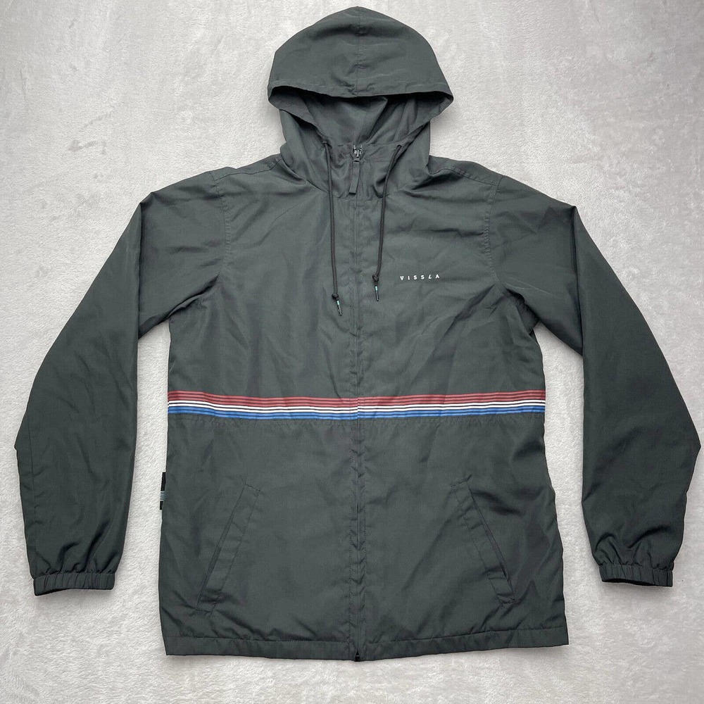 Vissla Jacket Mens Small Black Full Zip Windbreaker Hooded Striped Outdoor